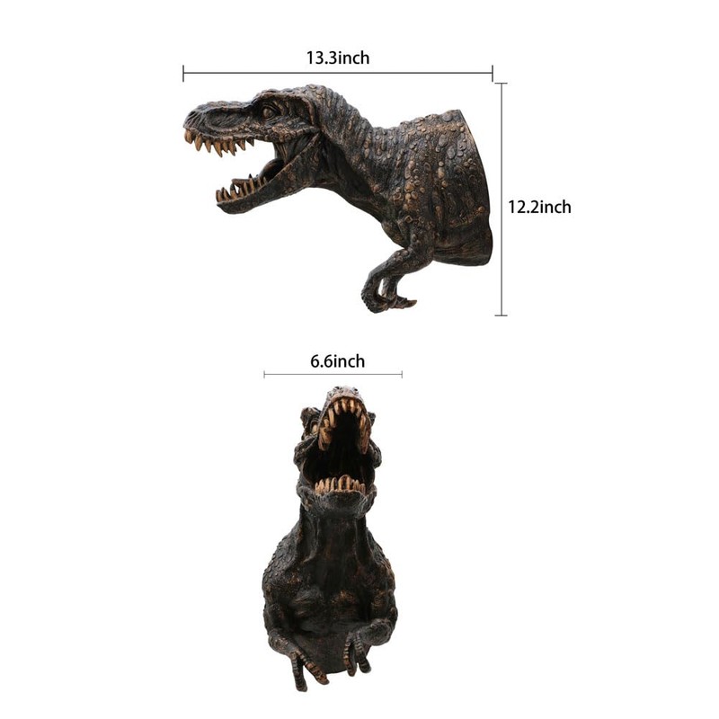 Marimu Polyresin Dinosaur Wall Bust, 12.2"H T-rex Sculpture, Copper Color,