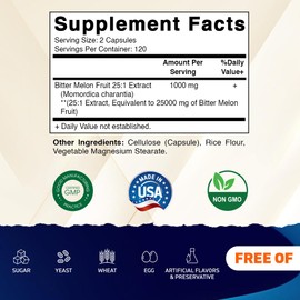 Vitamatic Bitter Melon- 25000 mg Equivalent Per Serving (from 25:1 Extract 1000 mg)- 240 Vegetarian Capsules, and Concentrated 25X Potency 100% Vegetarian, All-Natural and Non-GMO