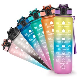 YC Kitchen 1 Litre Motivational Water Bottle with Time Marker, Leak-proof BPA Free Sports Water Bottles with Straw & Carrying Strap