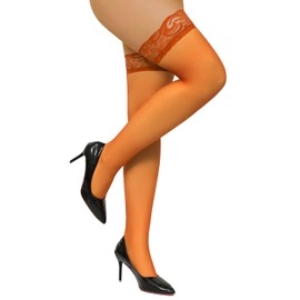 Lysvihart Women Lace Top Thigh High Stockings Silicone Stay Up Silky Semi Sheer Pantyhose (Orange,M)