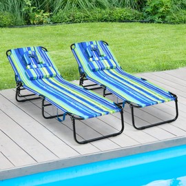 Tangkula Beach Lounge Chair, Folding Sunbathing Recliner with Face Hole, Face Down Tanning Chair with 5-Level Adjustable Backrest & 3 Removable Pillows, Chaise Lounge Chair for Patio (2, Stripe)