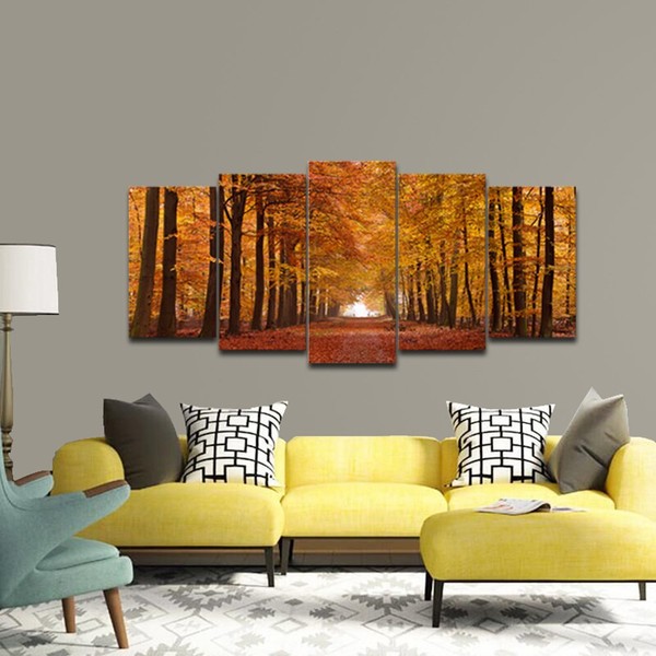 Wieco Art Autumn Forest Giclee Canvas Prints Canvas Wall Art Paintings for Living Room Bedroom Home Office Wall Decorations Modern 5 Piece Stretched and Framed Landscape Trees Pictures Artwork Decor