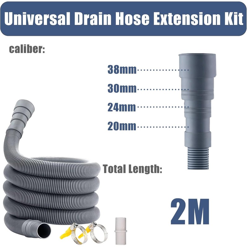 Universal Drain Hose Extension Kit,(Grey) with Connector Clip Clamp, Washing