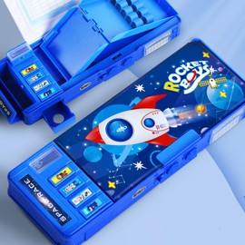 ASMANNA Pop Up Multifunction Pencil Case for Kids Starry Sky Rocket Pen Box for Boys School Supplies Organizer Stationery Pencil Holder with Sharpener Password Lock Schedule Whiteboard (Blue2)…