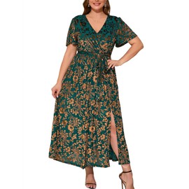 BerryGo Women's Floral Velvet Fall Prom Maxi Dress Semi Formal Wrap Dress for Wedding Guest Vestidos Mujer Elegantes Green 2XL