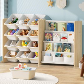 EXPERLAM Kids Toy Storage Organizer - Toy Organizer with Bookshelf, Toy Storage with 12 Toy White Bins and 4 Book Shelves, Toy Organizers and Storage for Playroom, Nursery, Kids Room, Burlywood