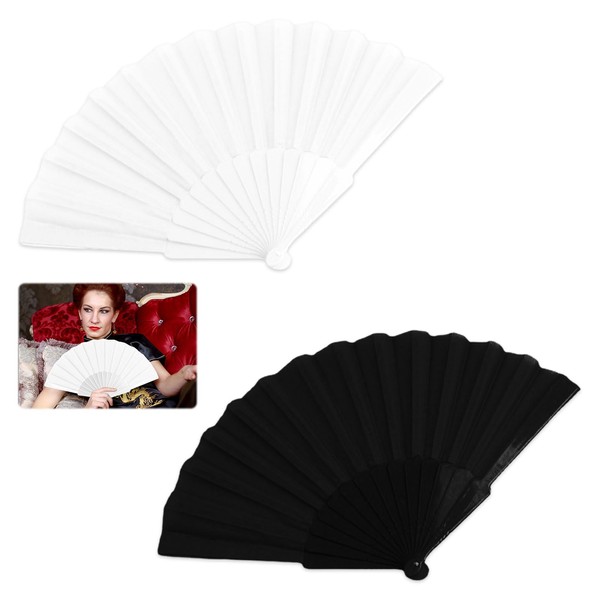 2PCS Hand Fan Folding,Fabric Hand Fan,Classic Hand Held Fans Paper,Handheld Folding Fans,Chinese Spanish Fan,Kung Fu Tai Chi Fan for Women Perfect for Dancing Cosplay Props,White Black