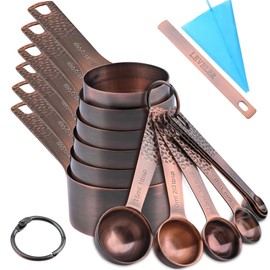 Measuring Cups and Spoons Set, 6 Copper Measure Cups and 7 Stainless Steel Measurement Spoons with Leveler, Metal Bronze Kitchen Measuring Cups and Baking Measuring Spoons Set of 14