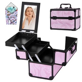 GALHUBIS Makeup Train Case, Portable Makeup Case with Mirror, 2-Trays Cosmetic Organizer Case,Nail Polish Organizer, Travel Makeup Box, Profesional for Salon Barber, Pattern Black Pink