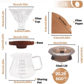 Pour Over Coffee Maker 600ml Borosilicate Glass Drip Coffeemaker Server Set with 100pcs V60 Cone Paper Filters Walnut Collar Glass Lid Clear Hand Brew Dripper Carafe for Home Camping Travel 20.29oz