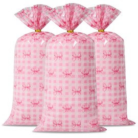 Docvania Cello Cellophane Treat Gift Bags Pink bow Cookie Bags 100 pcs 5 X 11 Goodie Bag with Ties for Mother's Day, Valentine's Day and Parties, Weddings