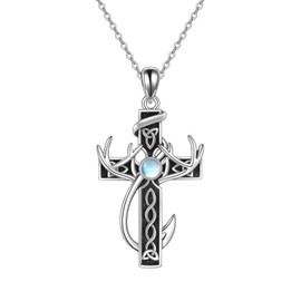 MONGAS Cross Necklace Sterling Silver Cross Deer Antler Fish Hook Necklace Cross Pendant Hunting Jewelry for Women