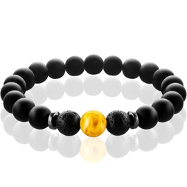 FABACH Chakra Bead Bracelets with 8 mm Gemstone Beads, Lava Stone and Onyx Natural Stone (Black) – Yoga Bracelets made of Healing Stones – Energy Bracelets for Men and Women, Pearl