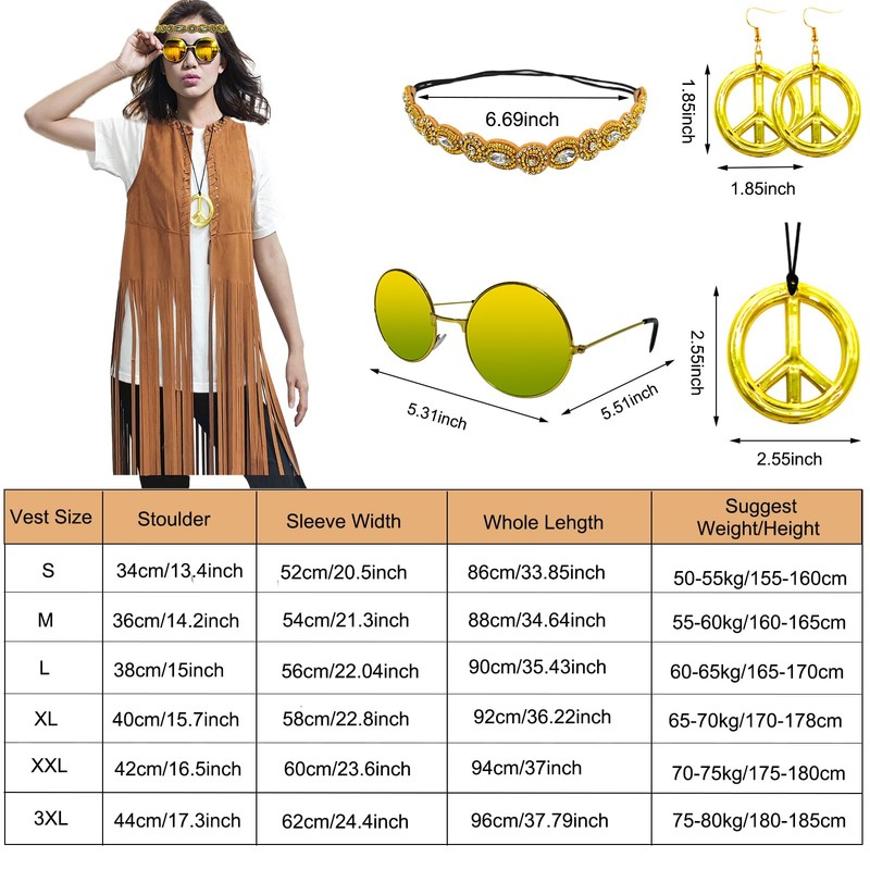 XonyiCos Hippie Costume Women's Vest Set 60s 70s Outfit Women's