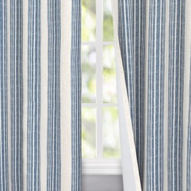 DriftAway Chris Vertical Striped Pattern Linen Blend Lined Thermal Insulated Blackout and Room Darkening Linen Curtains for Farmhouse Printed 2 Panels 52 Inch by 96 Inch Jean Navy Curtain