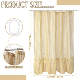Batiyeer Linen Ruffle Shower Curtain 72x72 Inches Yellow Striped Shower Curtain Boho Striped Cottage Core Bathroom Decor Set for Farmhouse Country Bathroom Home Decor
