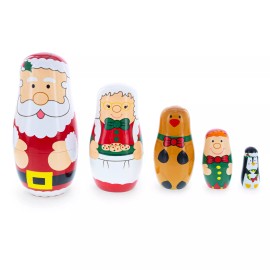 BESTPYSANKY Santa, Mrs. Claus, Reindeer, Elf Wooden Nesting Dolls 6 Inches