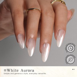 HOSAILY Press on Nails Almond Medium, Mirror White Chrome Glossy Glue on Nails, Lasting Pearl Shimmer Glazed Gel False Nails Full Cover Stick on Nail Manicure Salon Art, 24 Nail Kit -White Glazed