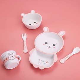 Fekdod Bamboo Kids Dinnerware Set 5 Pcs Includes Plate Bowl Cup Fork Spoon Perfect for Kids BPA-Free (Rabbit)