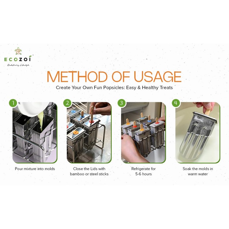 Ecozoi Stainless Steel Popsicle Molds and Rack - 6 Square