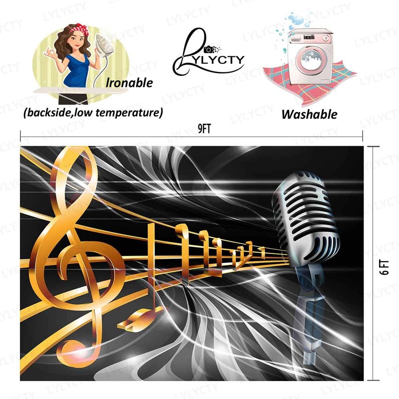 Microphone Music Note Photography Backdrop, Polyester, 9x6ft