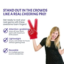 Giant Foam Finger 18 Inch- Peace Foam Hand for All Occasions - Cheerleading for Sports - Exciting Vibrant Colors use as Celebration Pom Poms- Great for Athletics Local Sport Events Games (Red)