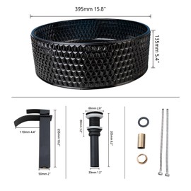 Focitland Black Glass Vessel Sink with Waterfall Faucet and Drain Combo,Artistic Round Vessel Sink Bowl Set Modern Black Crystal Glass Bathroom Sink Above Counter Vanity Installation