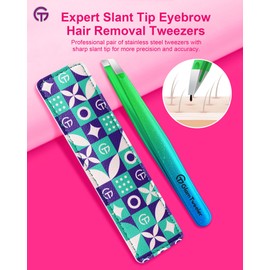 Expert Slant Tip Tweezers with Leather Case, GlamTweeler Sharp & Precision Stainless Steel Tweezer for Eyebrows, Facial Hair and Fine Hairs Removal (Sparkle Princess Blue & Green)
