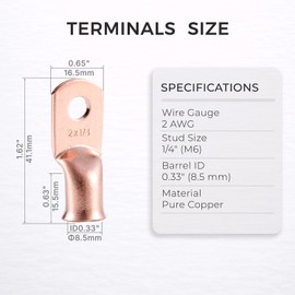 RIOCAN 2 AWG 1/4" Copper Ring Terminals, 10 Pack Battery Cable Lugs