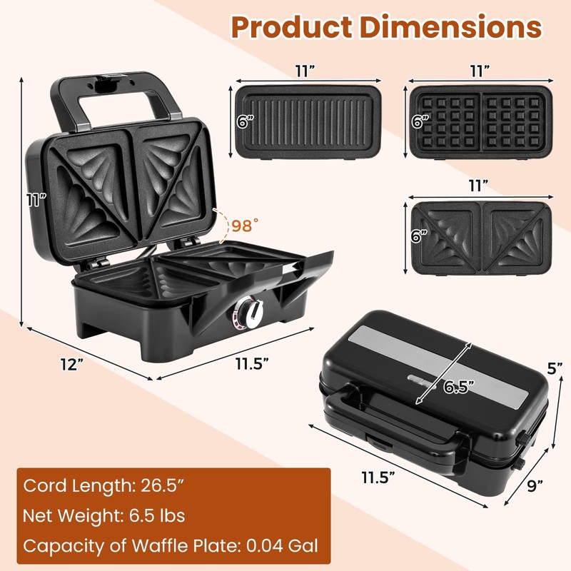 KOTEK 3 In 1 Sandwich Maker, Waffle Maker with Removable