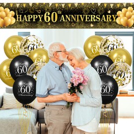 60th Wedding Anniversary Decorations, Black Gold Happy 60th Anniversary Yard Banner and 18Pcs 60th Happy Anniversary Balloons for 60th Wedding Anniversary Birthday Party Supplies