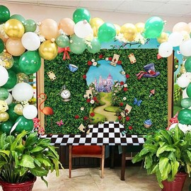 Wonderland Decoration Backdrop for Photograpy Fairy Tale Castle Tea Party Green Leaves Background 7×5ft Wonderland 1st Birthday Photo Backdrop Banner