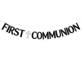 First Communion Banner - Christening Baptism Party Decorations, God Bless Decor, First Holy Communion Banner, Baby Baptism Baby Shower Party Decorations Black Glitter