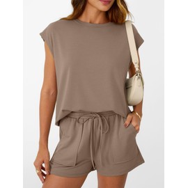 AUTOMET Womens Lounge Two 2 piece Sets Summer Outfits 2025 Loungewear Matching Beach Vacation Clothes Sweatsuits Sweat Pajamas Pjs Romper Top Shorts Fashion Trendy Travel Teen Clothing Khaki M