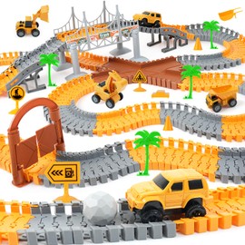 FUNBUD Construction Race Track Toy for Kids - Birthday Gifts for Boys Ages 3 4 5 6 7, Engineering Playset with 220+ PCS Flexible Tracks and 5 Construction Cars