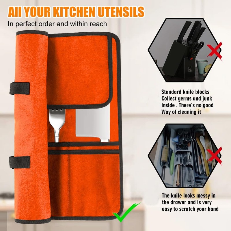 QIQU Orange Chef Knife Bag With 20 Slots Cutlery Knives