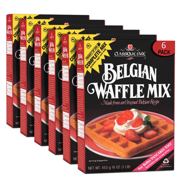 Classique Fare Belgian Waffle Mix - Makes Light and Crisp Waffles, Pancakes, Muffins & Crepes - Works with Waffle Maker - Fast and Fresh Breakfast Foods  - 1 Pound (Pack of 6)