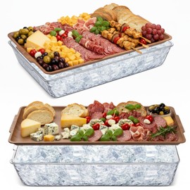 2 Set 16" x 9" Plastic Chilled Serving Tray for Parties with Compartments Ice Chilled Party Platter Charcuterie Serving Board Cold Dish Dip for Fruit Seafood Vegetable Appetizer (Wooden Color)