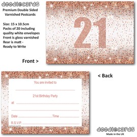 doodlecards 21st Birthday Party Invitations Rose Gold 20 Ready to Write Postcards and 20 Envelopes. Printed in UK, Premium Quality & 100% Recyclable.