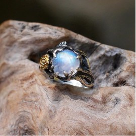 Hsitgexf Unique Vintage Flowering Twig Rainbow Moonstone Engagement Ring for Women,Victorian Style Solitaire Ring Thai Silver Jewelry (US Size 6)