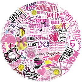 50PCS Pink Softball Stickers Sports Themed Party Stickers Softball Accessories Softball Gifts for Girls Vinyl Sticker Laptop Skateboard