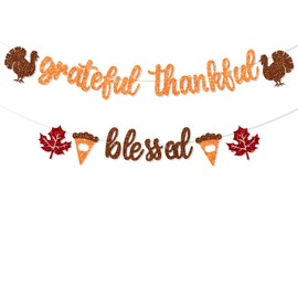 Pre-Strung Thankful Grateful Blessed Banner Decorations Happy Thanksgiving Day Party Decoration Glitter Pie Turkey Maple Leaves Garland for Fall Friendsgiving Home Office Decor Supplies NO DIY