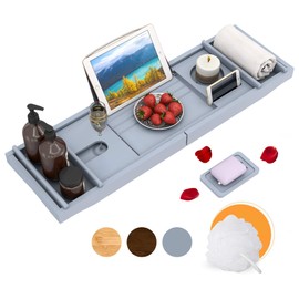 Domax Bathtub Caddy Tray Expandable Bamboo Tub Tray for Luxury Bath with Book Holder and Free Soap Dish (Gray, 29.4"-44.2"x 9.1"x1.65")