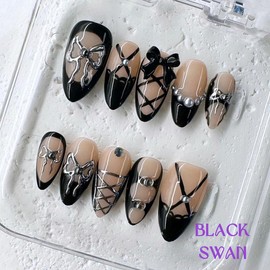 NailPhoria｜SURPRISE DEAL Collections (70 Styles) acrylic press nails:_Black Swan_M