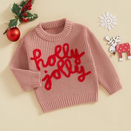 Baby Christmas Sweater Boy Girl Chunky Knit Long Sleeve Crewneck Embroidery Sweatshirt Toddler Pullover Tops (Holly Jolly-Pink, 0-6 Months)