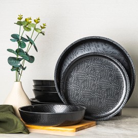 bzyoo 12 Piece Melamine Dinnerware Set - Durable, Dishwasher Safe Black Plates and Bowls - Casual Dining, Parties, Camping Dish Set Mono Black Collection