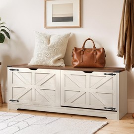 DWVO Shoe Storage Bench, 55" L Shoe Cabinet with 3 Flip Drawer & Flip-Top Storage, Farmhouse Modular Tilt-Out Organizer for Entryway, Mudroom, Bedroom