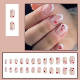 Valentine’s Day Press on Nails Short French Tip Fake Nails Almond Nails Press ons Acrylic False Nails with Heart Designs Full Cover Stick on Nails Valentine’s Day Glue on Nails for Women 24Pcs