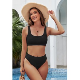 Pink Queen Women's Crop Top Bikini Set 2-Piece High Waist Cut Push Up Padded, black