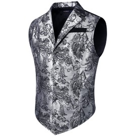 HISDERN Men's Paisley Vest Formal Wedding Party Gothic Steampunk Lapel Vest for Men, Silver/black, l